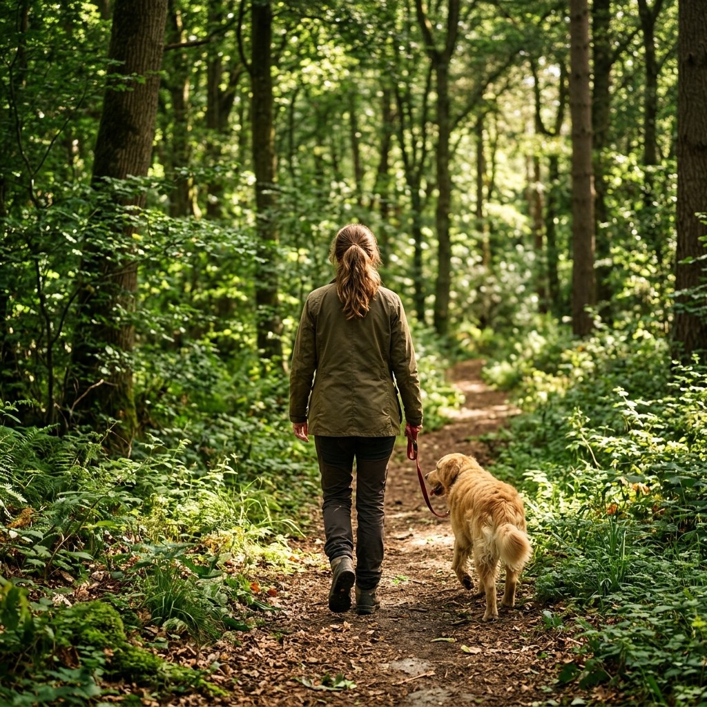 Maud en forêt avec un chien